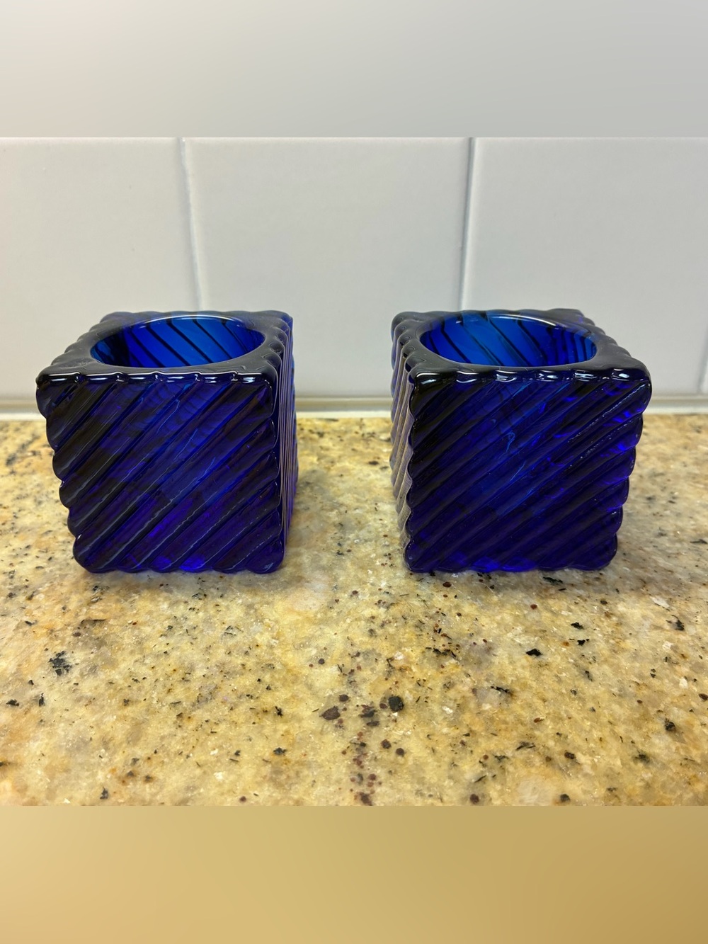 Vintage Cobalt Blue Glass Square Candle Holders - Set of 2